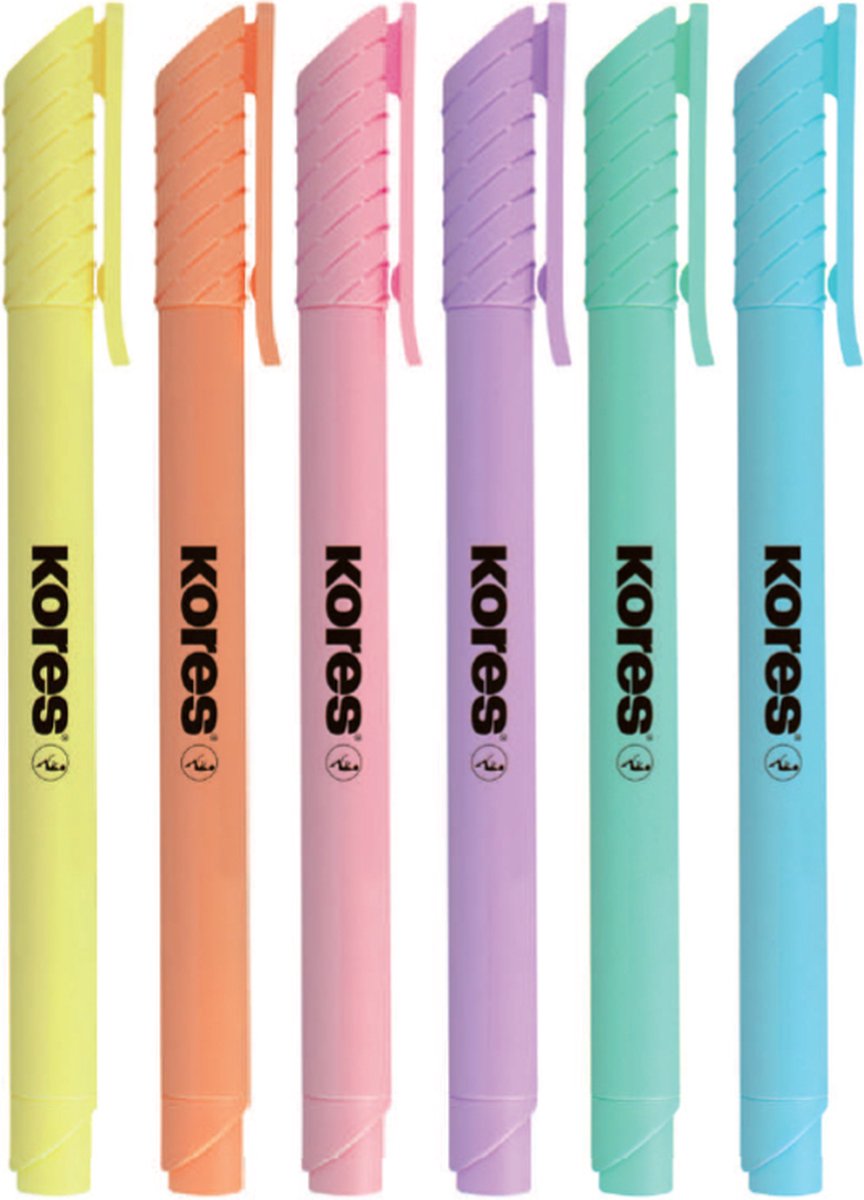 Kores marqueur de texte high liner pastel, pointe biseautée 3mm, lot de 6 pièces