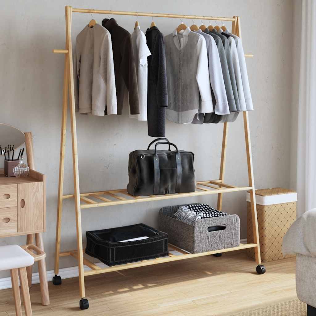 Rack de vêtements Vidaxl avec étagères et roues 132x45.5x155,5 cm de bambou