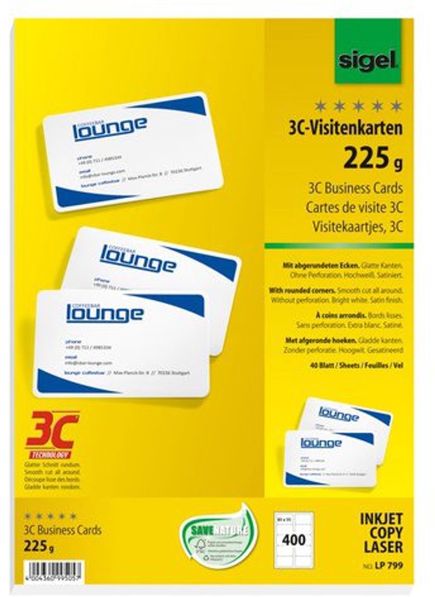 Sigel - cartes de visite - blanc - 85x55 mm - 225 grammes - 400 pièces - avec coins arrondis - si-lp799