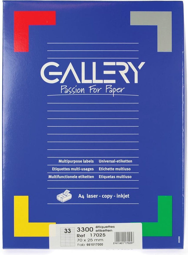 Gallery a étiquettes autocollantes 70x25,4mm blanches, 3300 étiquettes