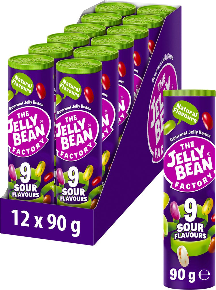 The Jelly Bean Factory 12 tubes acidulés Jelly Beans Bonbons acidulés - Cadeaux d'anniversaire pour enfants - 9 saveurs différentes - Tube de 90 g de bonbons - Cadeau - Bonbons