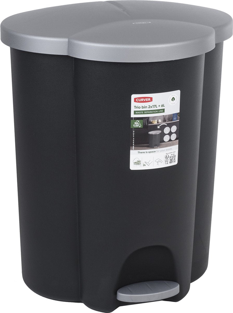 Curver - poubelle 40l | poubelle à pédale | tri des déchets 3 compartiments - système de tri des déchets 3 compartiments - plastique