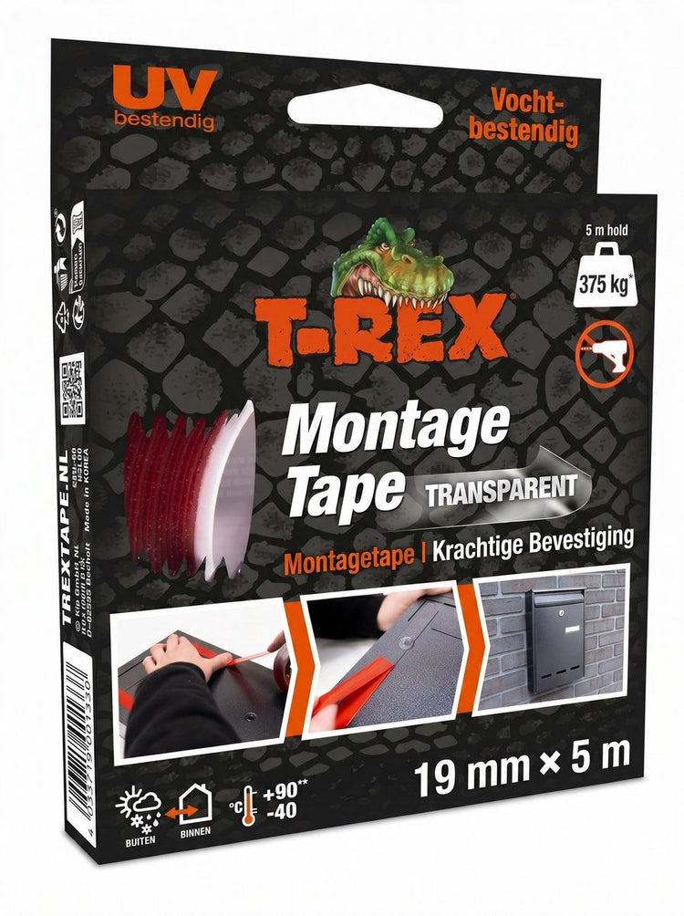 Ruban de montage T-rex - ruban adhésif double face extra résistant pour montage intérieur et extérieur - fixation permanente sans perçage ni vissage - capacité de charge jusqu'à 375 kg - 19 mm x 5 m