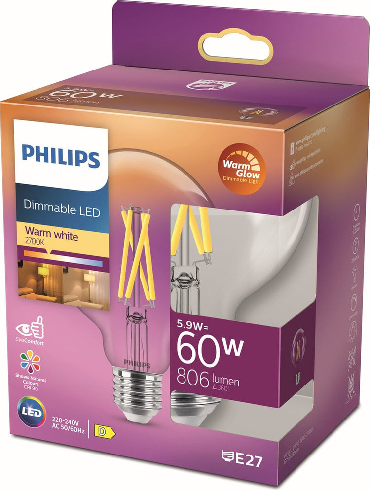 Philips LED Globe G95 E27 5,9-60 W Filament Clair Chaud Lueur Blister - 5103261
