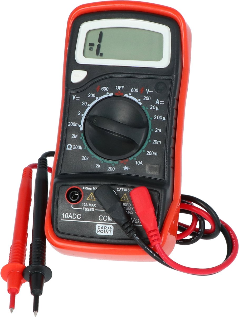 Multimètre numérique Carpoint - mesure différentes tensions, mesures de diodes de résistance - affichage numérique clair - 7 caractères et 15 mm de haut - commutateur de plage de fonctions - 2 câbles à code couleur