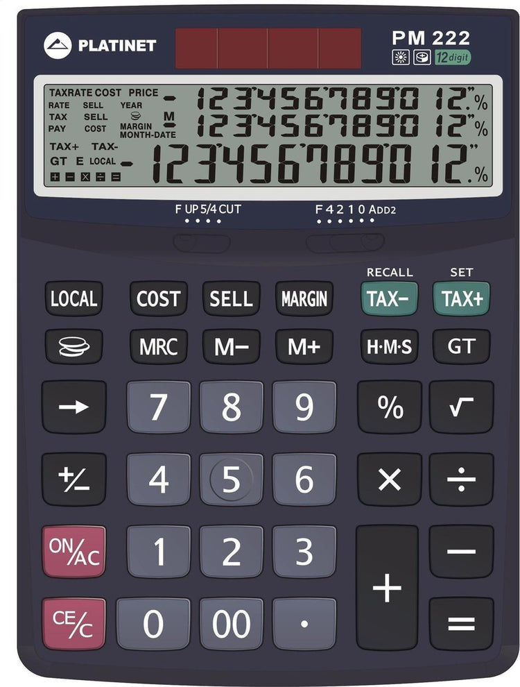 Calculatrice de bureau Platinet pmc222te - calculatrice 12 chiffres max. 3 lignes, fonction taxe et énergie solaire