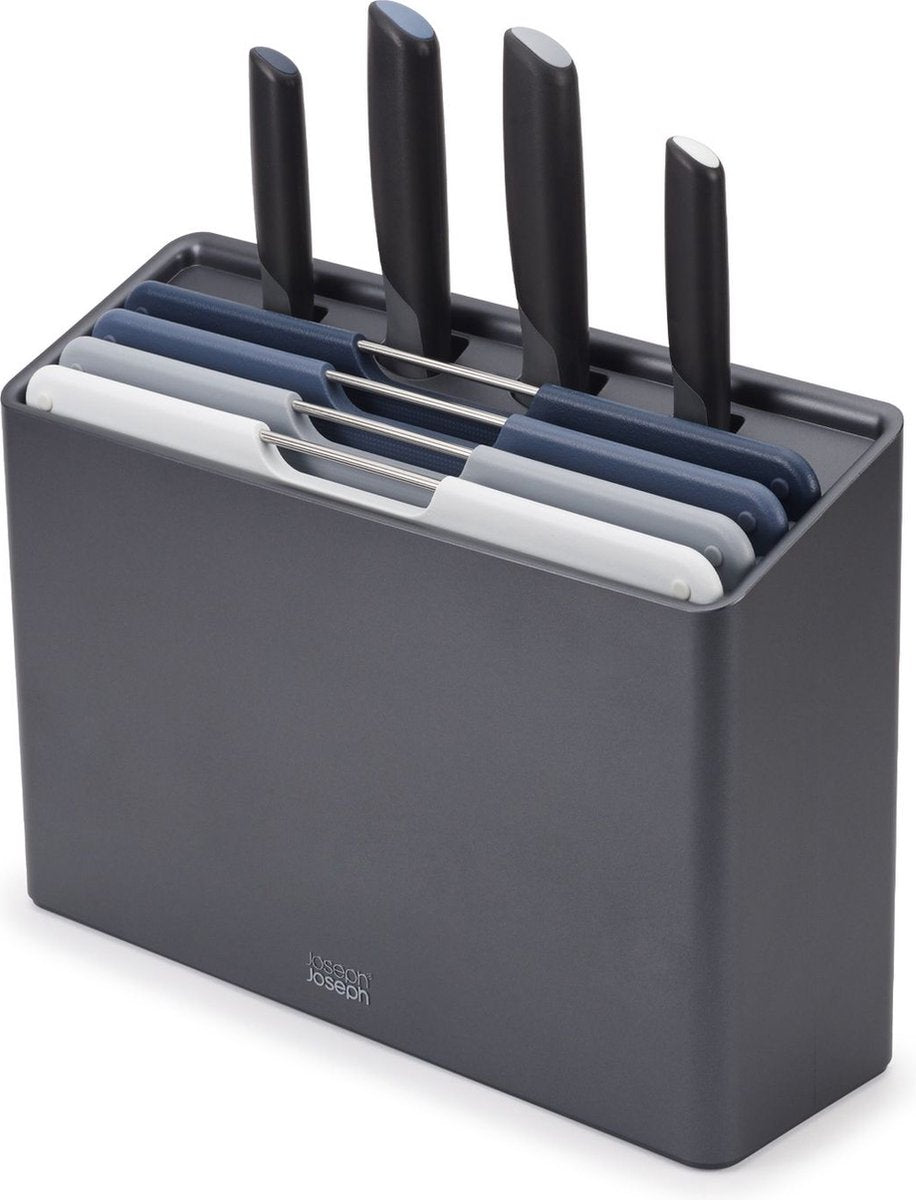 Joseph joseph - folio plus 4 planches à découper dans support et 4 couteaux en graphite - polypropylène - gris