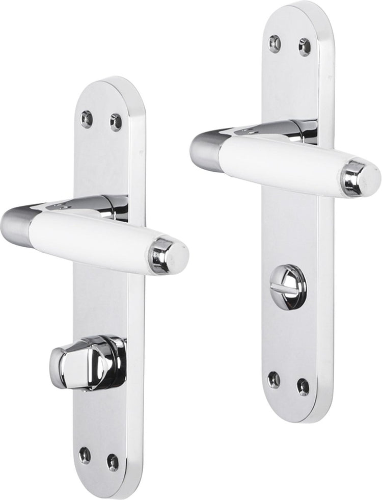Poignée de porte Impresso - durban - pour l'intérieur - bouclier de porte ovale avec vis et serrure de toilette - chrome - blanc - 2 pièces