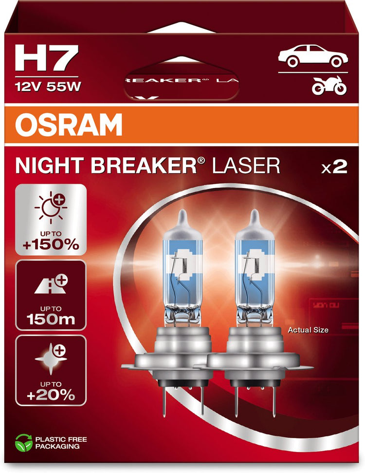 Osram Night Breaker Laser - Lampes de voiture halogènes H7 - Jusqu'à 150 % de lumière en plus et visibilité à 150 m - 64210nl-2hb - Qualité allemande - Lot de 2 lampes
