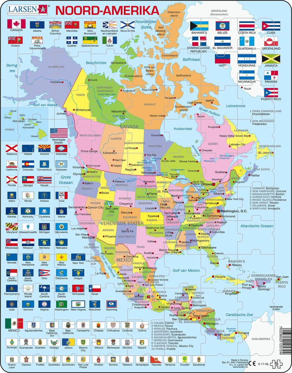 Selecta Larsen Pluzzle Map North, Amérique avec des États et des drapeaux, 70e.