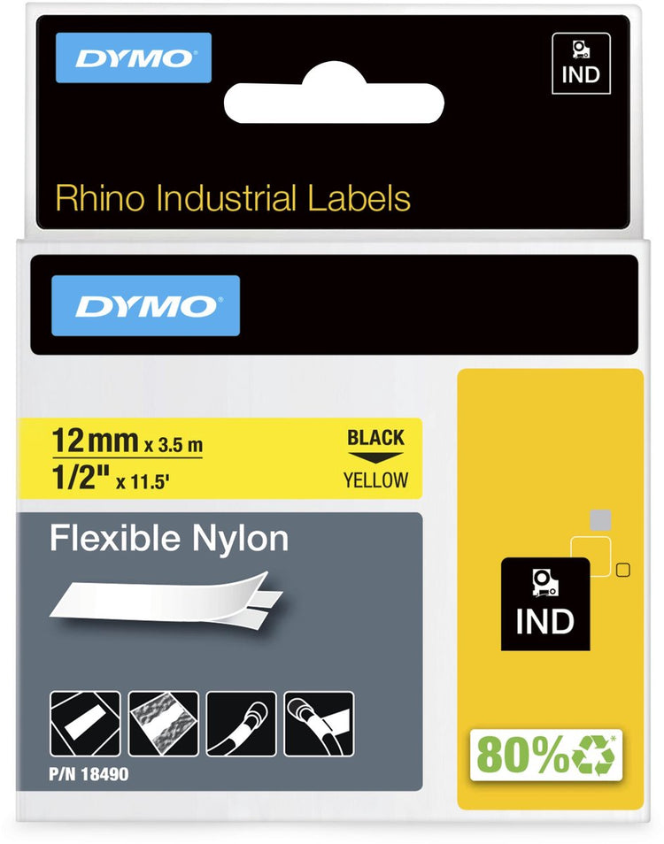 Étiquettes en nylon flexibles industrielles Dymo rhino | 12 mm x 3,5 m | impression noire sur jaune | étiquettes autocollantes pour imprimantes d'étiquettes Rhino Label Manager