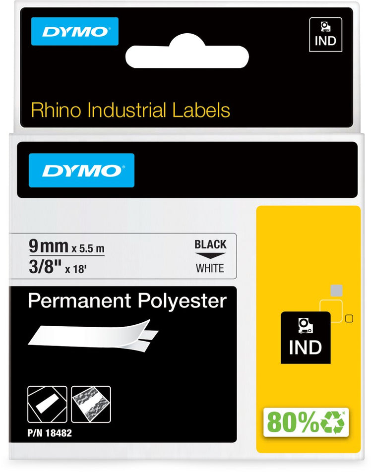 Étiquettes industrielles Dymo rhino | polyester permanent | 9 mm x 3,5 m | impression noire sur blanc | étiquettes autocollantes pour imprimantes d'étiquettes Rhino Label Manager