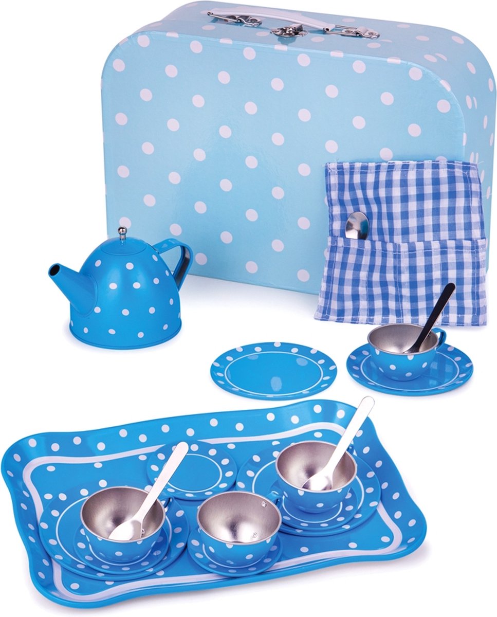 Vaisselle en étain Bigjigs bleu et blanc dans un coffret valise