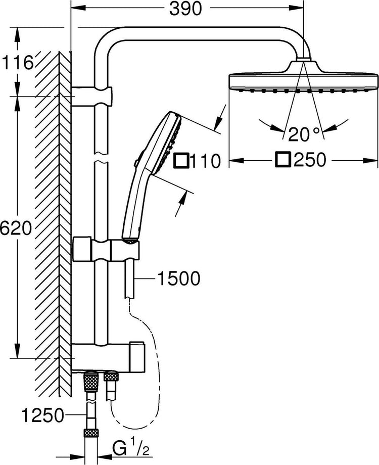 Système de douche Grohe vitalio confort 250 flex avec inverseur pour montage mural - sans mitigeur thermostatique - économie d'eau - noir mat