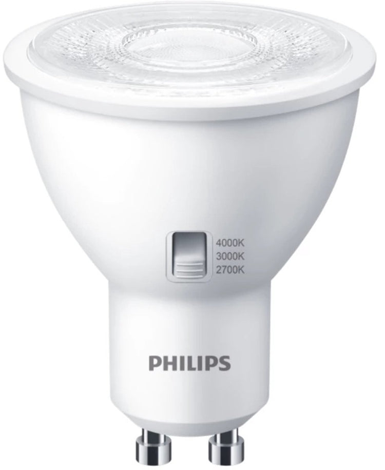 Philips LED Gu10 4,8W - couleur de lumière réglable interrupteur CCT 2700K 3000K 4000K - 36° - dimmable | gu10 | blanc extra chaud-blanc chaud-blanc froid | 4,8 watts | 15 000 heures de combustion