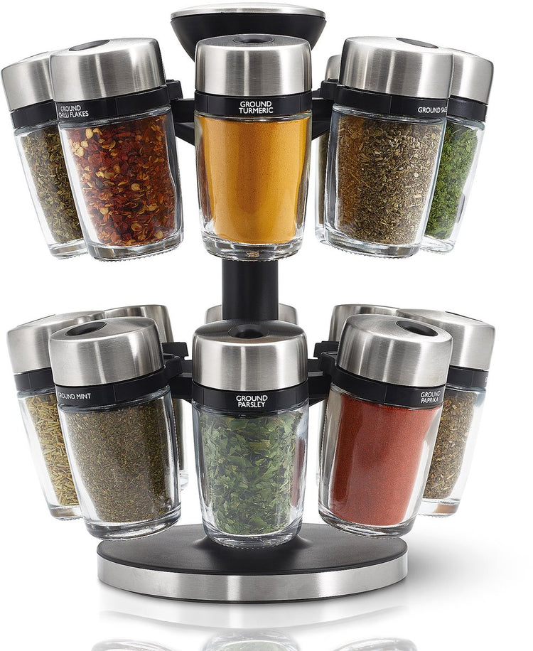 Porte-épices Cole Mason Cambridge - 16 pots à épices - carrousel à épices rotatif - pots remplis inclus - accessoire de cuisine de luxe