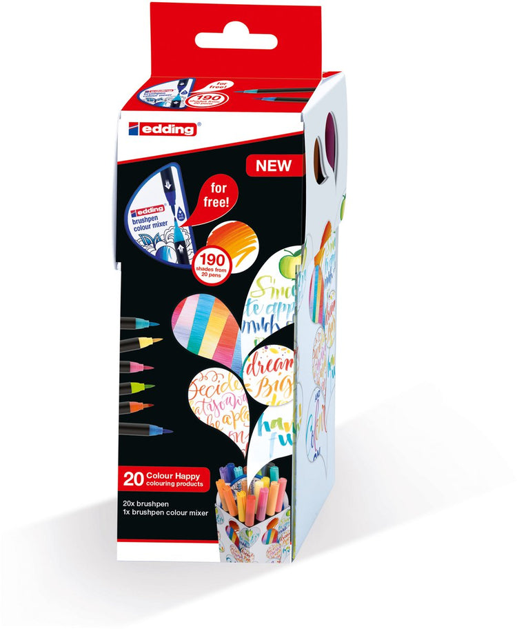 Boîte assortie de stylos pinceaux Edding Color Happy - 20 stylos pinceaux - forme de pinceau flexible - pointe variable - boîte pratique avec 20 stylos pinceaux et un mélangeur de couleurs