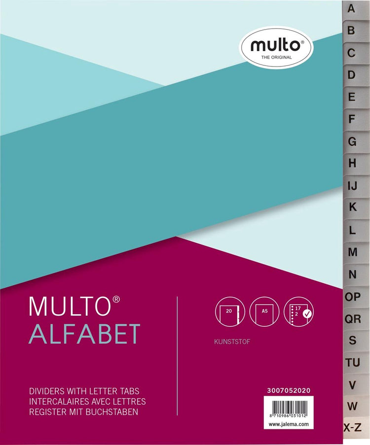 Onglets Multo a5 17 trous alphabet pp gris - 10 pièces