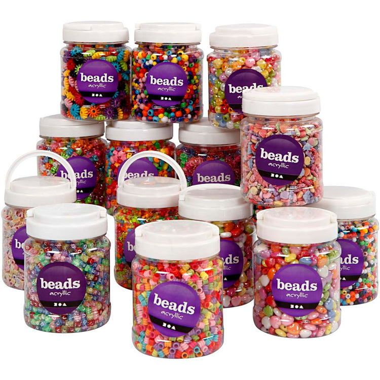 Perles en plastique Creativ company, taille 6-15 mm, diamètre du trou 1,5-6 mm, différentes couleurs, 16x700 ml 1 boîte