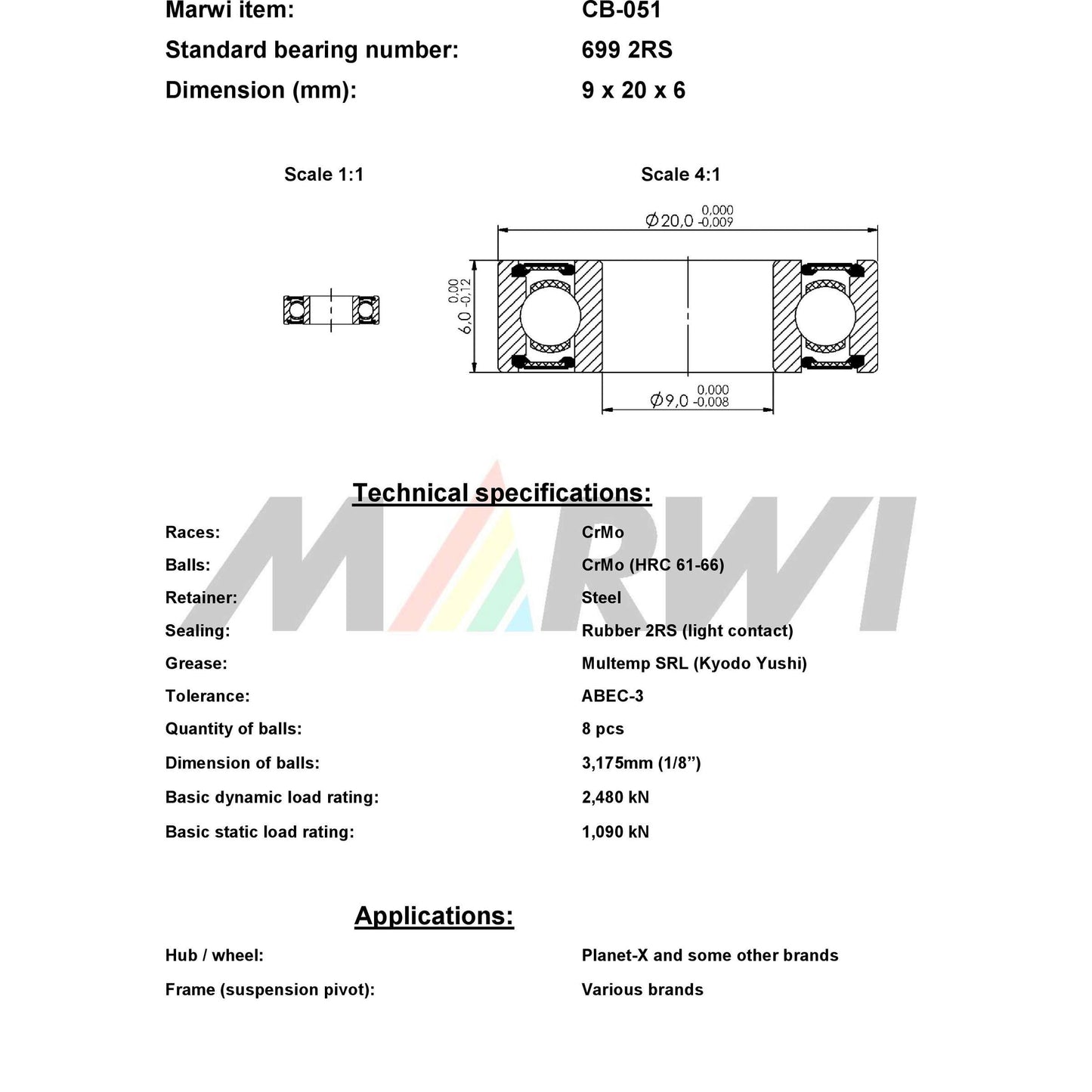 Marwi Kogellager CB-051 699 2RS 9X20X6