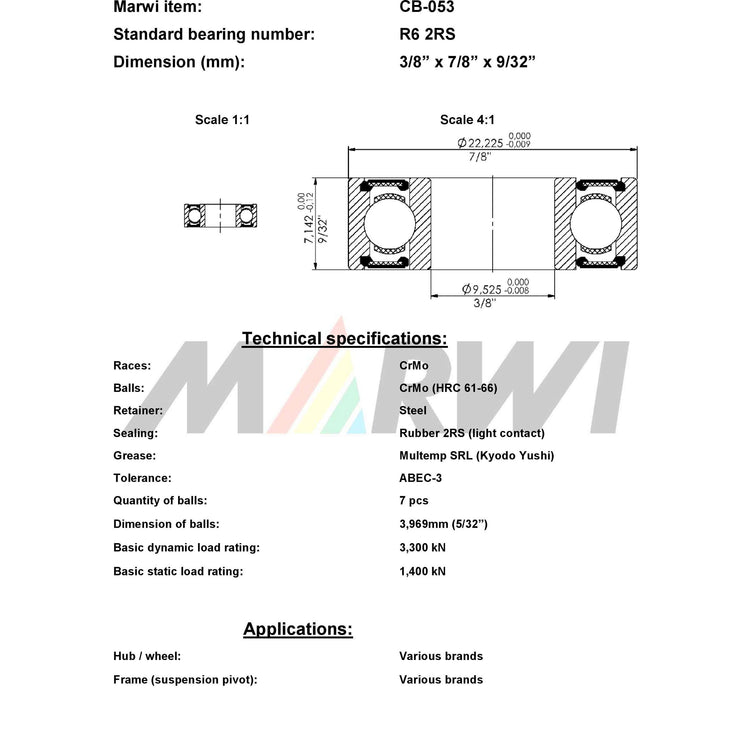 Marwi Kogellager CB-053 R6 2RS 3 8X7 8X 9 32