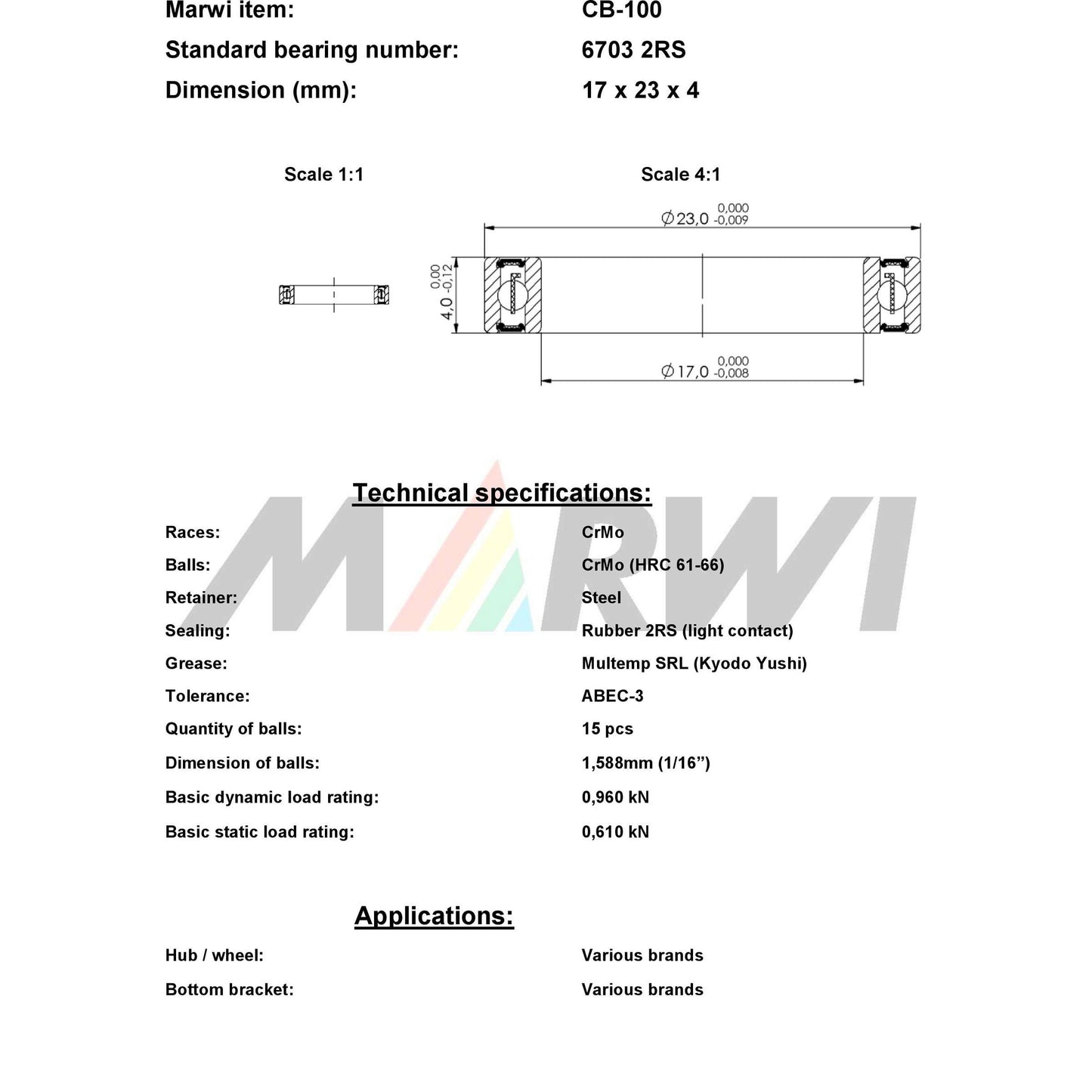 Union Kogellager CB-100 6703 2R (17x23x4)