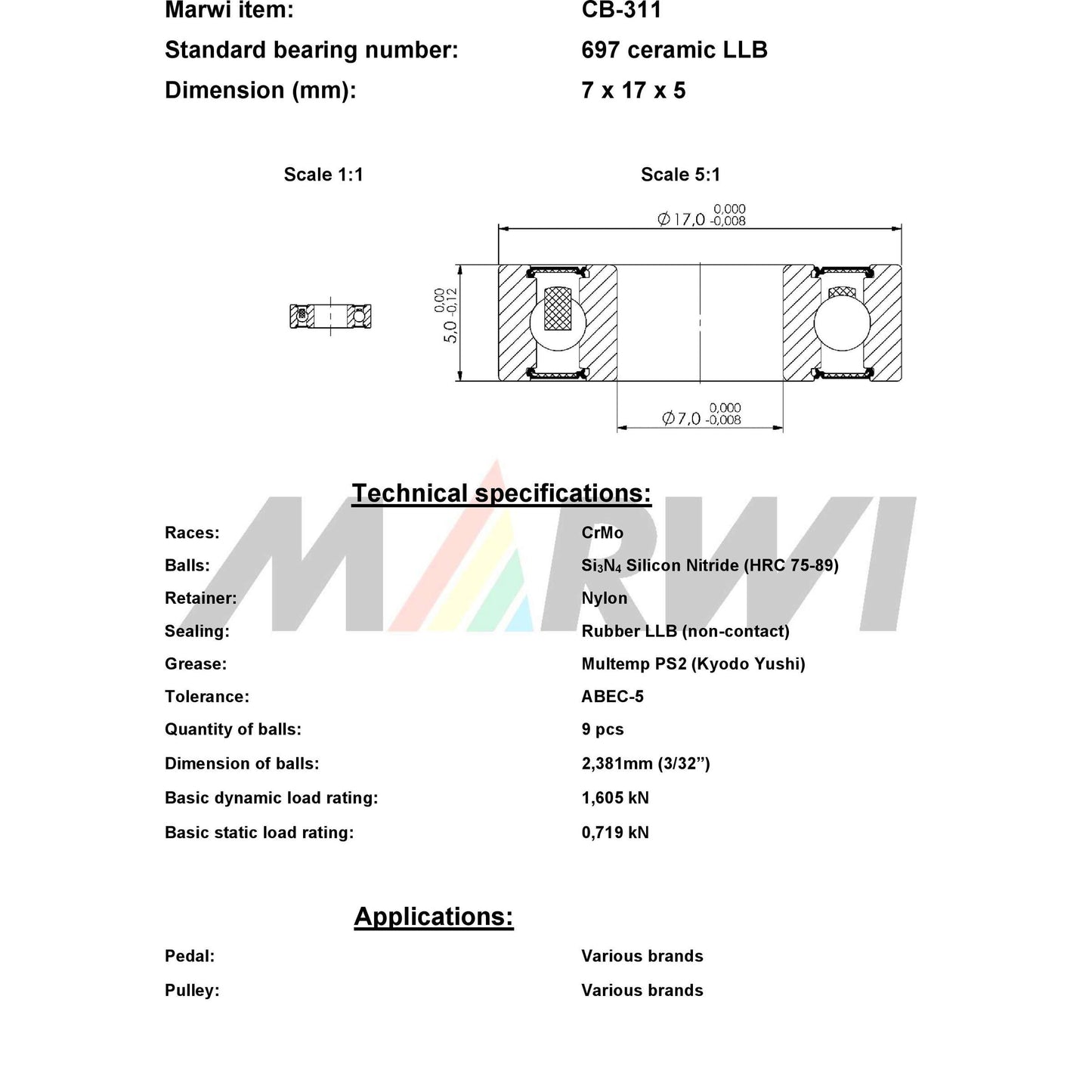 Union Kogellager CB-311 697 LLB 7X17X5 Céramique