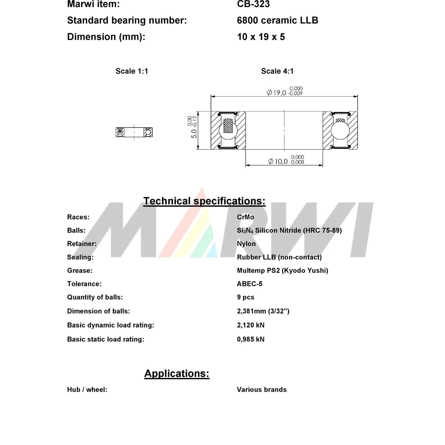 Union Kogellager CB-323 6800 LLB 10X19X5 Céramique