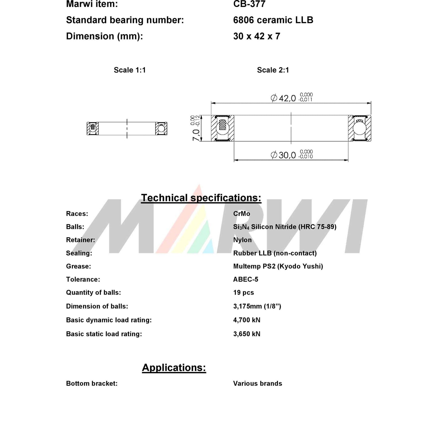 Union Kogellager CB-377 6806 LLB 30X42X7 Céramique