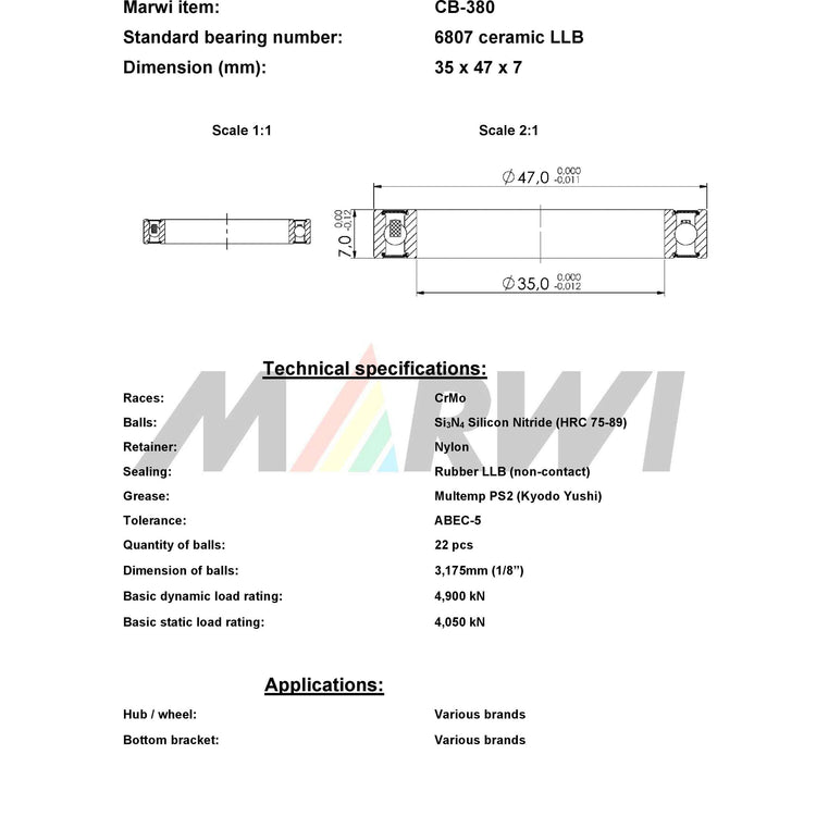 Union Kogellager CB-380 6807 LLB 35X47X7 Céramique