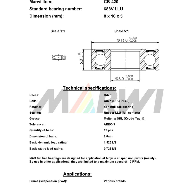 Union Kogellager Max CB-420 688V LLU 8X16X5 Céramique