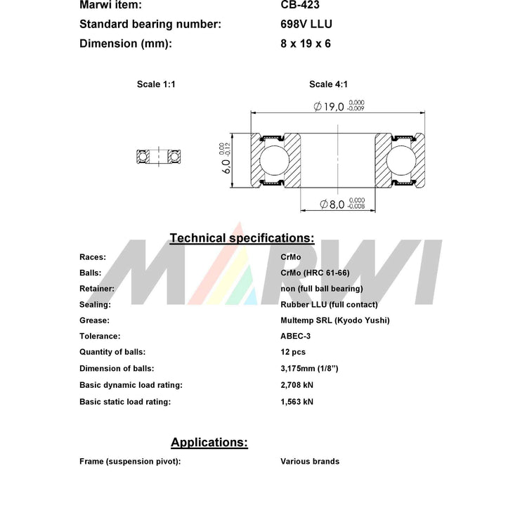 Union Kogellager Max CB-423 698V LLU 8X19X6 Céramique