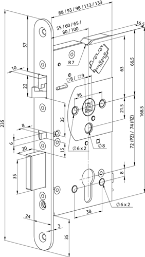 Serrure de porte anti-panique de sécurité Abloy el560 | poignée simple face contrôlée | autobloquant | skg** | dm80mm | pc72mm | plaque frontale en acier inoxydable 24x235mm arrondie | 12 24 V CC | docteur 1+2+3+4 - 10013887