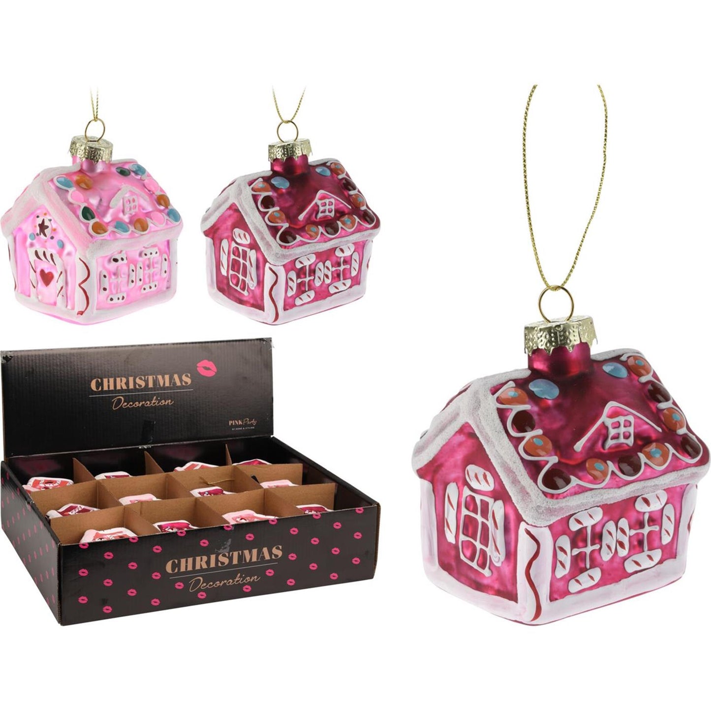 Pendentif maison rose 8cm présentoir 12pcs