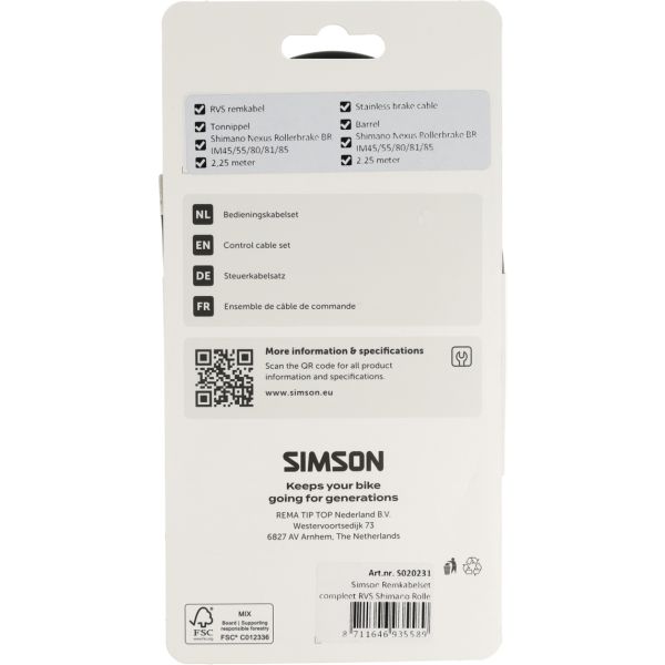 Jeu de câbles de frein Simson complet en acier inoxydable Frein à rouleaux Shimano noir