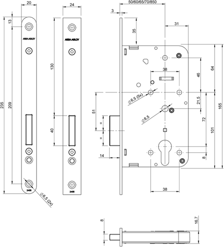 Serrure d'armoire Assa Abloy 2455 | dm50mm | ordinateur | plaque frontale en acier peint 24x235mm rectangulaire | dr 1+2+3+4 - 7962019