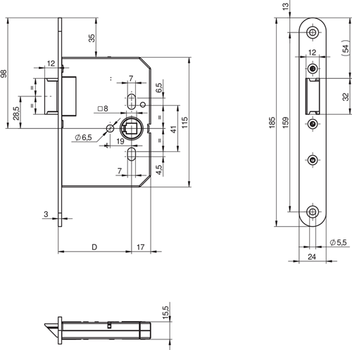 Serrure à barillet Assa Abloy N1002 | dm65mm | trou de manivelle 8mm | plaque frontale inox 24x185mm arrondie | loquet en zamac nickelé | Dr 1+3 2+4 - 10049500