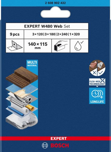 Bosch accessoires expert jeu de 9 pièces feuille abrasive web w480 115 x 140 mm, 3x g120 ; 3x g180, 2x g240 ; 1x g320 (en ligne) - 2608902432