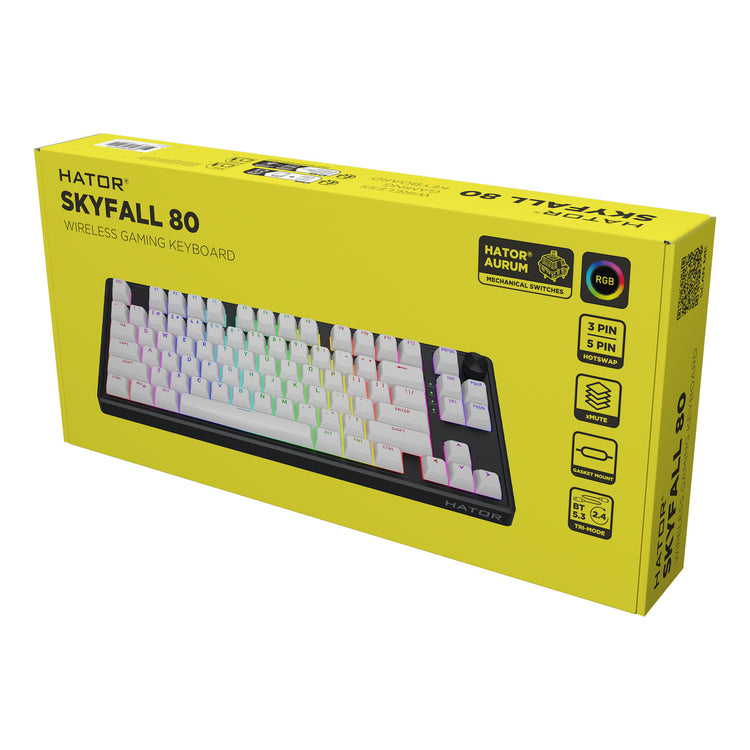 Hator skyfall sans fil, clavier de jeu (noir, disposition américaine, hator aurum citron, 80 % (tkl), RVB, ABS double injection, échange à chaud, Bluetooth USB-C 2,4 GHz)