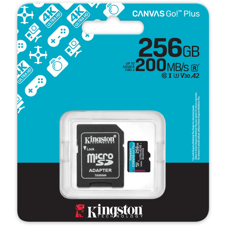 Toile Kingston, c'est parti ! plus carte mémoire microSDXC 256 Go (noire, avec adaptateur, classe 10, UHS-I U3, V30, A2)
