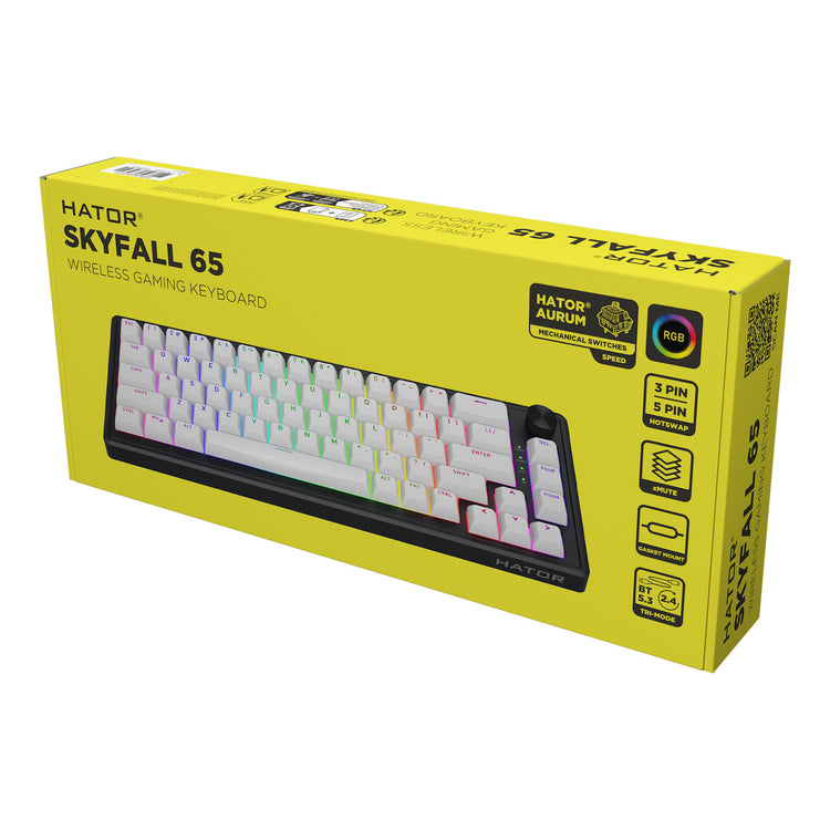 Hator skyfall sans fil, clavier de jeu (noir, disposition américaine, hator aurum sterling, 65 %, RVB, ABS double injection, échange à chaud, Bluetooth USB-C 2,4 GHz)