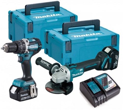 Makita DLX2179TJ1 Meuleuse d'angle sans balais DGA504 18 V LXT 2 pièces + jeu de perceuses (à percussion) DHP484 avec 2 batteries 5,0 Ah