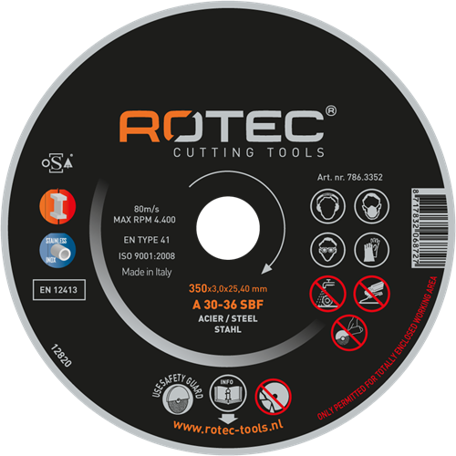 Grand disque à tronçonner Rotec pour l'acier | 350 x 3,0 x 25,40 mm 786.3502