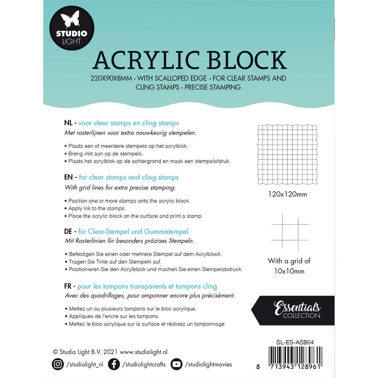 Studio light • bloc de tampons acrylique essentials pour tampons transparents et adhésifs avec grille 12x12x0,8cm n°04
