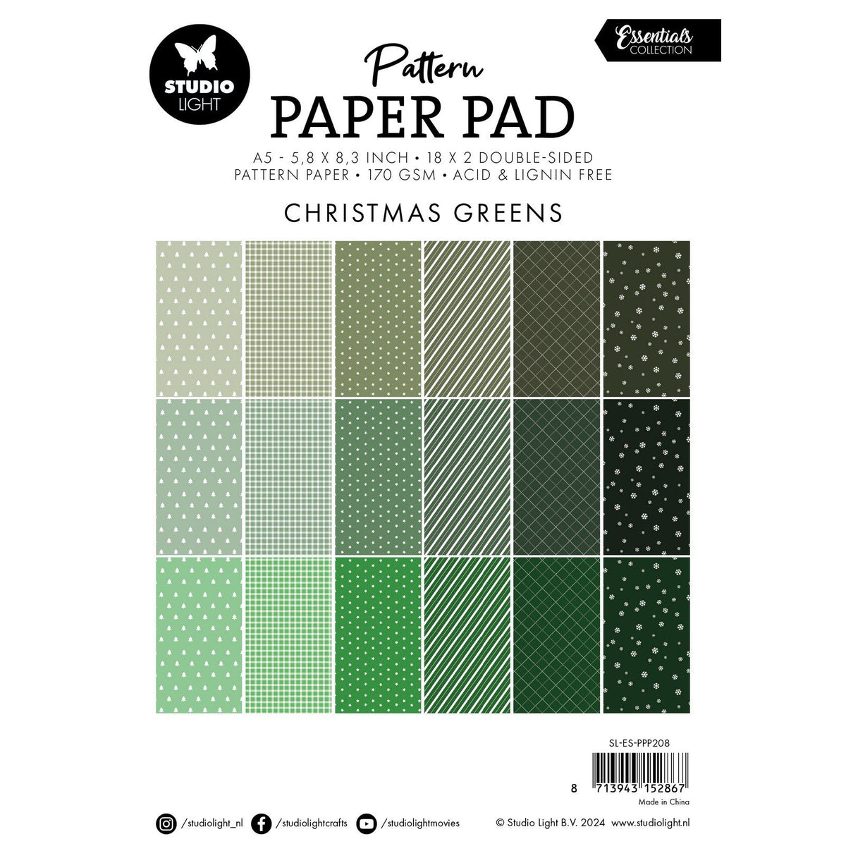 Studio Light • Bloc de papier à motifs Essentials Verts de Noël