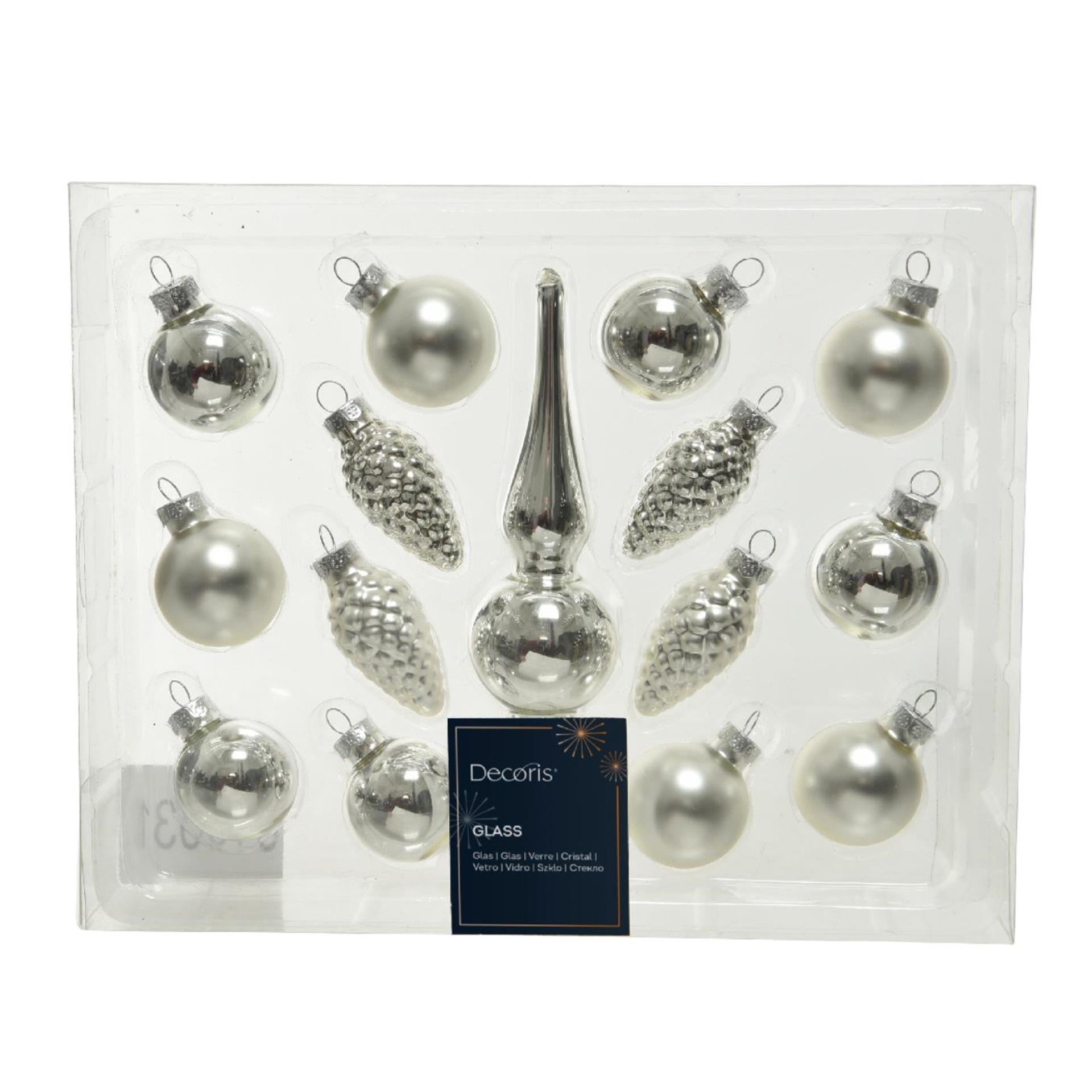 Decoris Set de boules de Noël mini verre argent 15 pièces