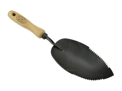 La petite pelle à terreau blanche, lame dentelée, manche en frêne 14 cm, dewit