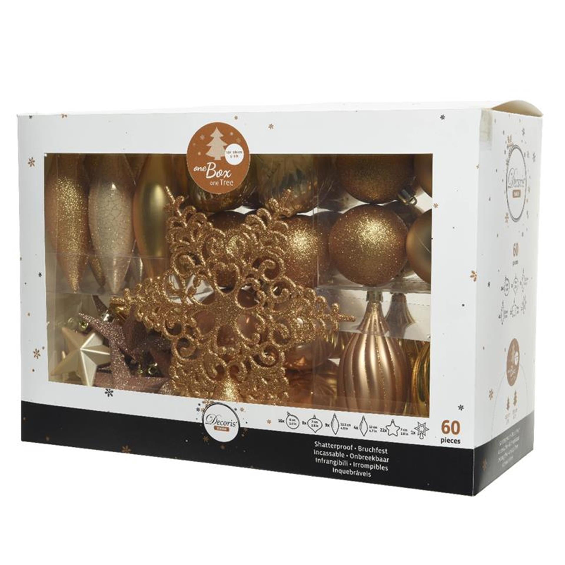 Decoris Jeu de boules de Noël en plastique 60 pièces doré
