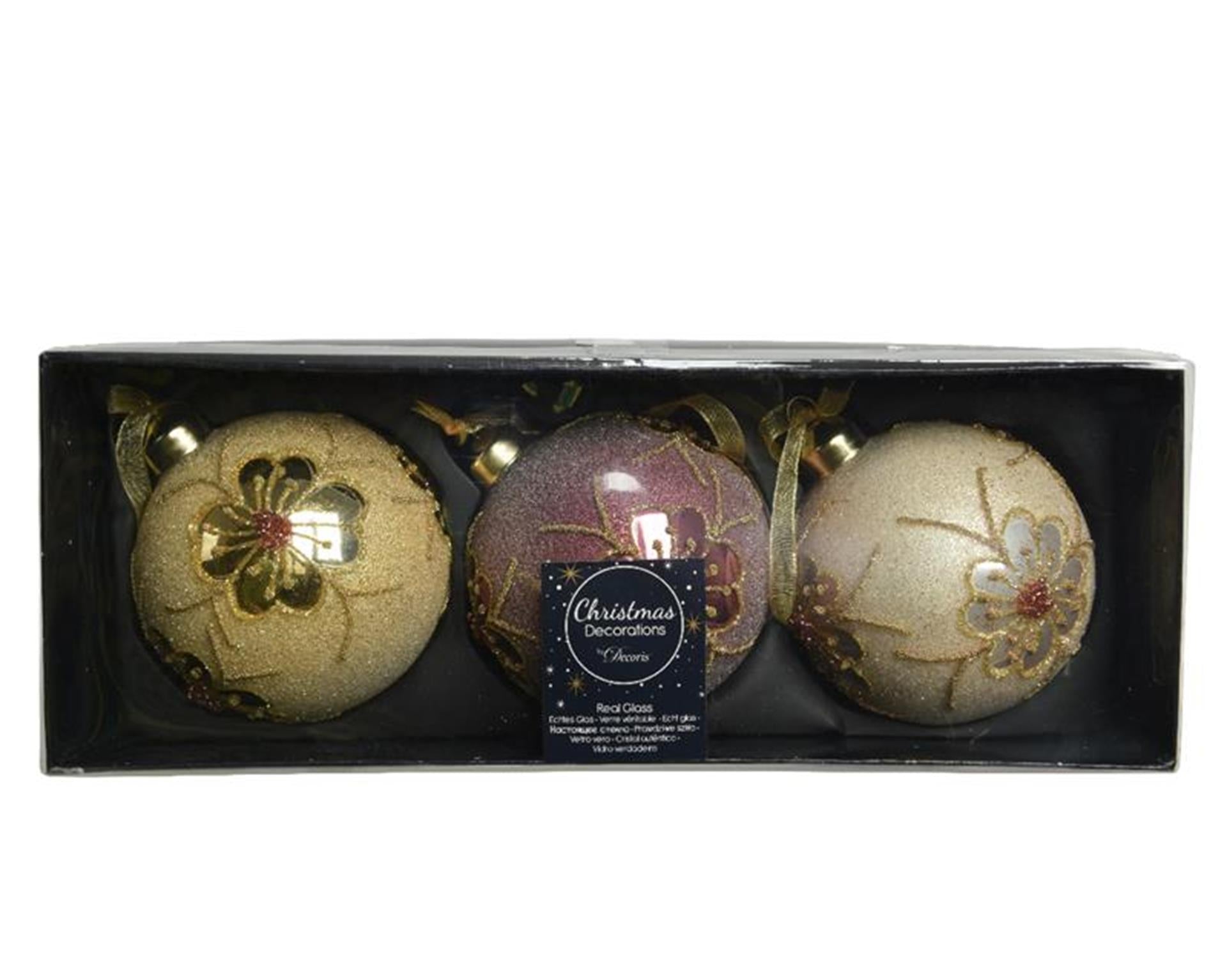 Decoris boule de Noël set de 3 pièces verre rose 8cm