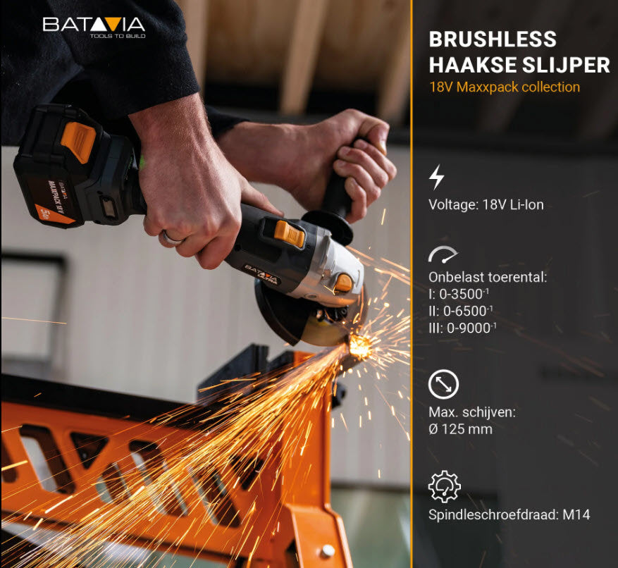 Meuleuse d'angle à batterie Batavia maxxpack 18v, corps sans balais de 125 mm